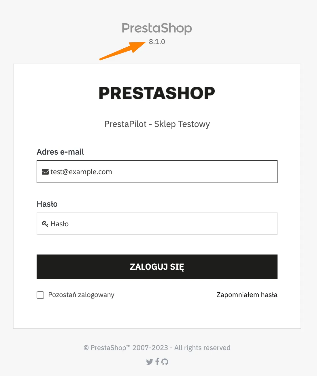 Wersja PrestaShop na ekranie logowania