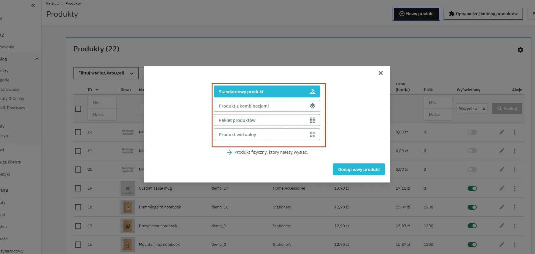 Wybór typu produktu
