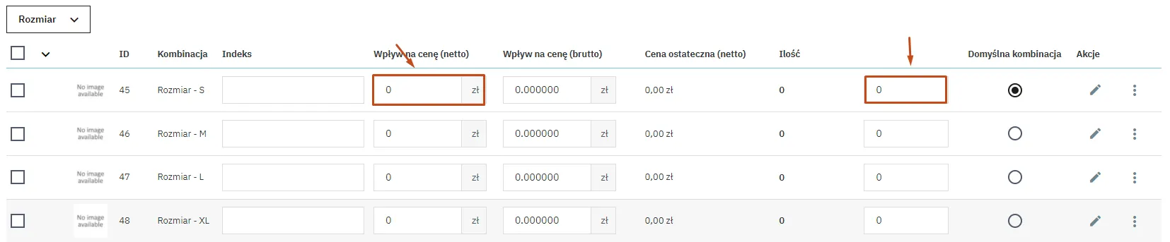 Cena i magazyn kombinacji
