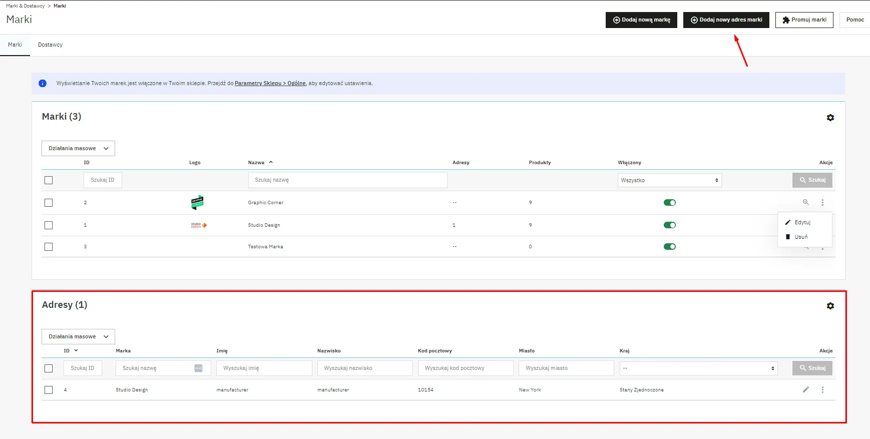 Dodawanie adresu marki