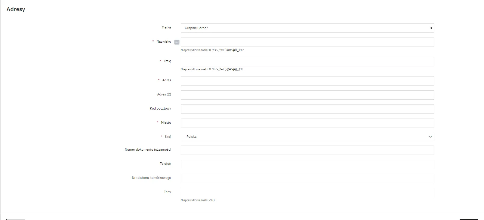 Formularz adresu marki