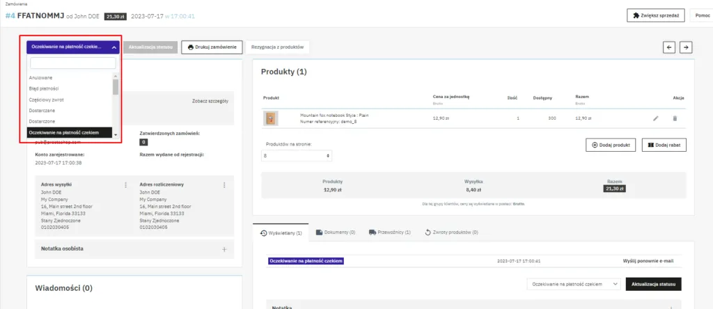 Aktualizacja Statusu w Szczegółach