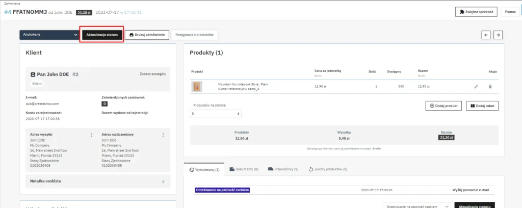 Aktualizacja Statusu w Szczegółach - Button