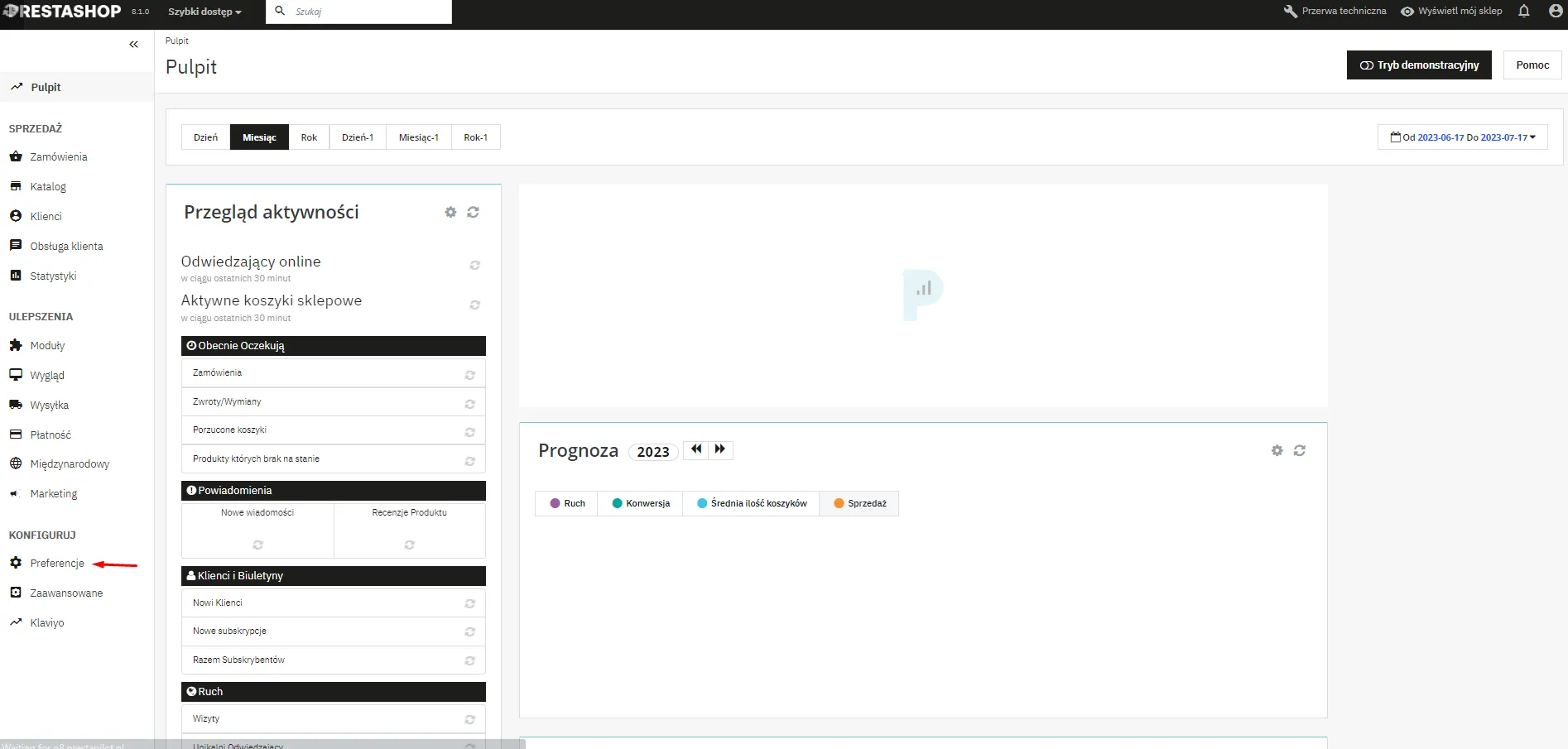 Przejście do ustawień zamówień
